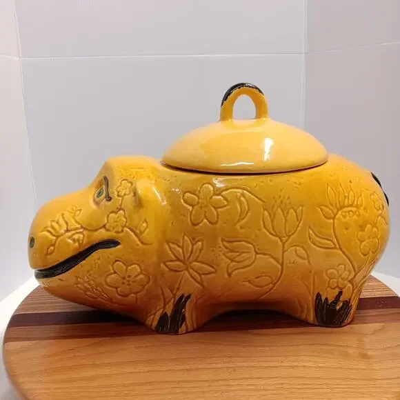 Doranne of CA Smiling Yellow Gold Hippo W/ Flowers Retro Vintage Cookie Jar MCM